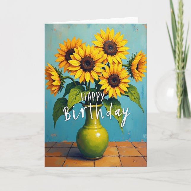 Cartão de Aniversário Vaso de Flores Ensolarado (Frente)