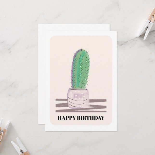 Cartão de aniversário verde de cacto de planta mod (Frente/Verso In Situ)