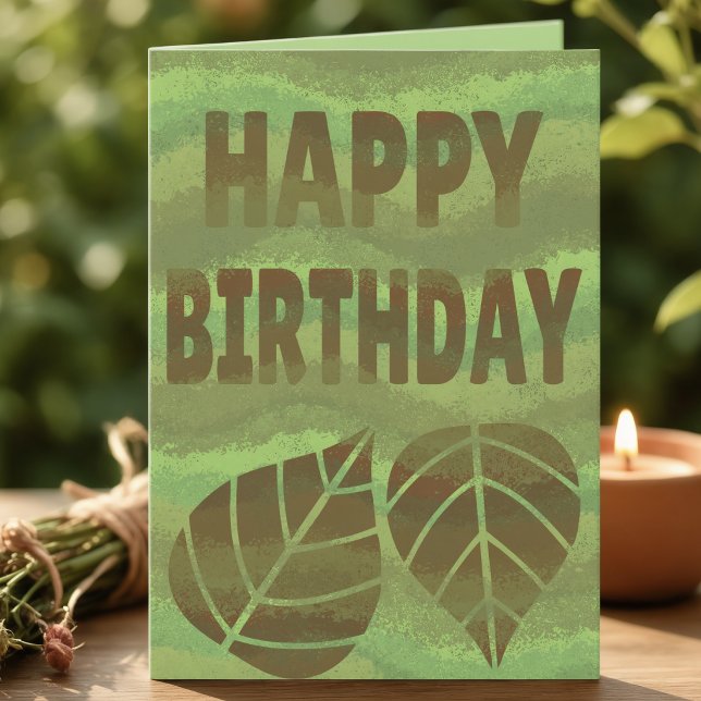 Cartão de Aniversário Verde e Marrom Texturizado d (Sage, olive, lime, your words make it shine. Painted waves with two large leaves and bold text.)