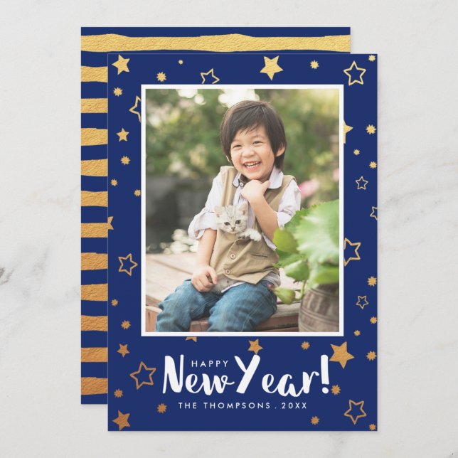 Cartão de Ano Novo com Foto Brilhante (Frente/Verso)