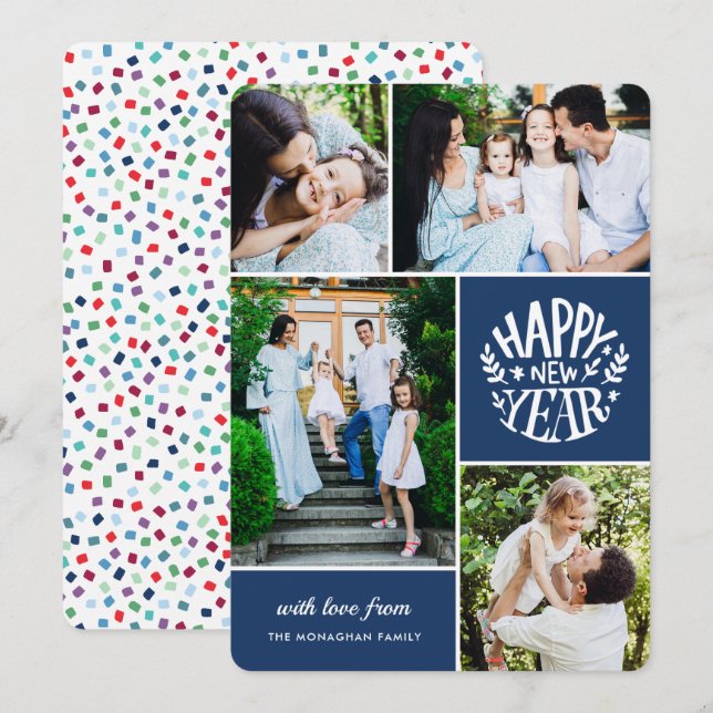Cartão de Ano Novo de Foto Collage 4 | Azul (Frente/Verso)