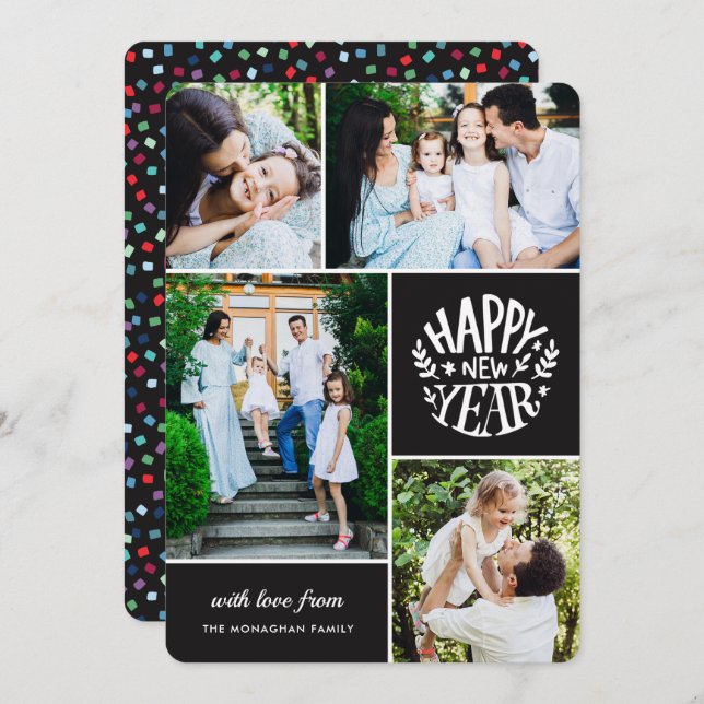 Cartão de Ano Novo de Foto Collage 4 | Preto (Frente/Verso)