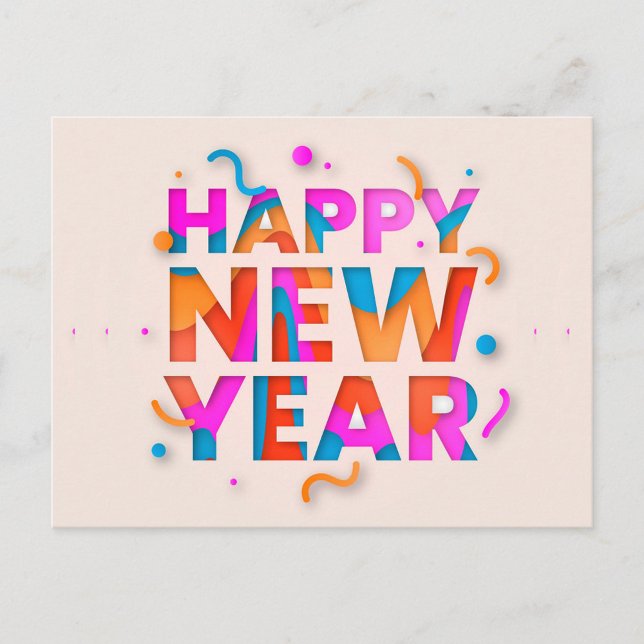 Cartão de Ano Novo Feliz (A digital art piece features the words "HAPPY NEW YEAR" cut out from a light peach background.)