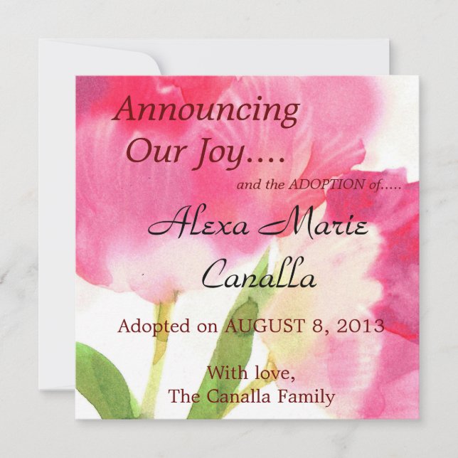 Cartão de Anúncio de Adoção de Tulipas Rosa (Frente)