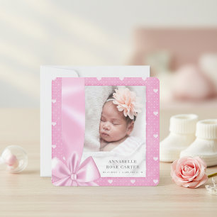 Cartão de Anúncio de Bebê com Laço de Coração Rosa