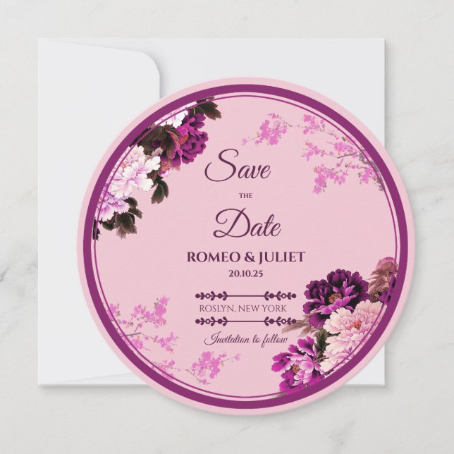 Cartão de Anúncio de Casamento com Anel Floral Rox (Frente)