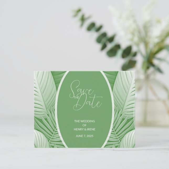 Cartão de Anúncio de Casamento Verde Tropical (Em pé/Frente)