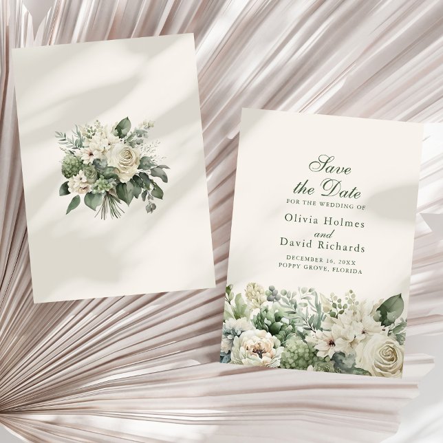 Cartão de Anúncio de Data Boho Verde e Flores Marf (Boho Sage Green & Ivory Flowers Save The Date Card on a sunny white dry palm leaf.)