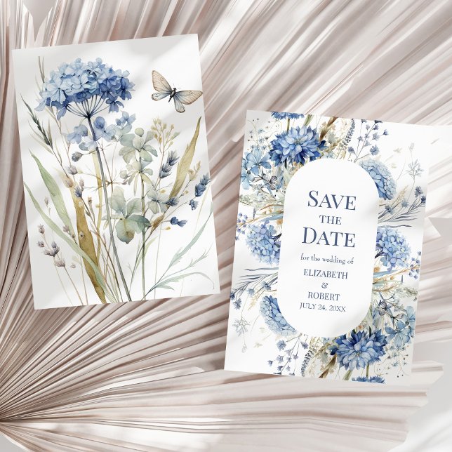 Cartão de Anúncio de Data de Casamento com Hortêns (French Blue Garden Wildflowers Save The Dates Invitation on a neutral sunny dry palm leaf.)