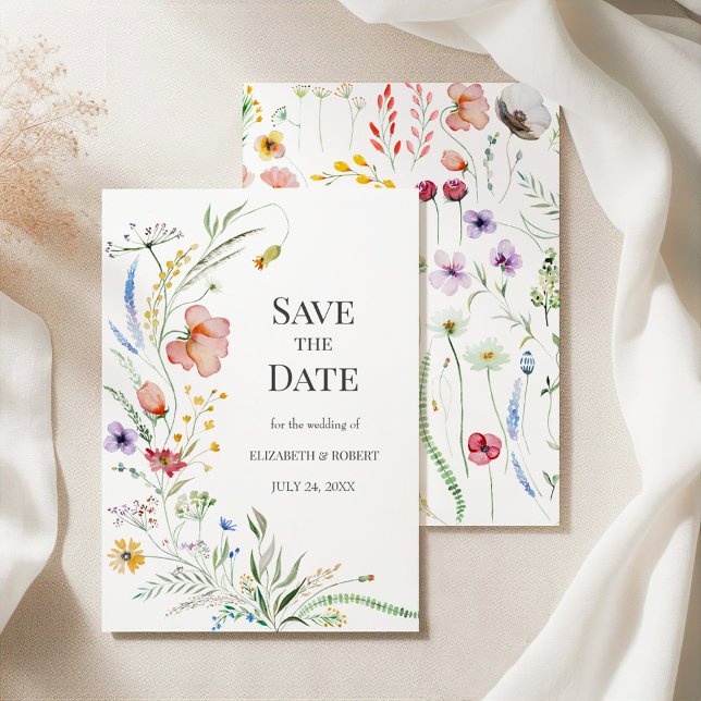 Cartão de Anúncio de Data de Casamento com Prado d (Boho Watercolor Wildflowers Save The Date Card on elegant silky tableclothes)