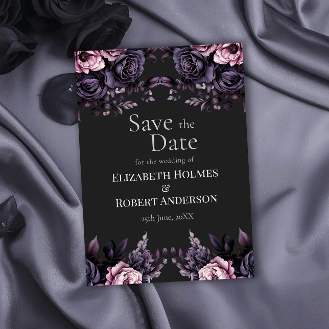 Cartão de Anúncio de Data de Casamento Floral Pret (Gothic Black Floral Save the Date Card on a gothic wedding table with black roses.)