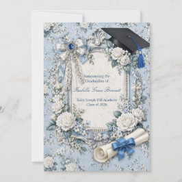 Cartão de Anúncio de Formatura Floral Azul e Branc