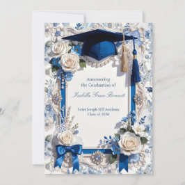Cartão de Anúncio de Formatura Floral Azul e Branc