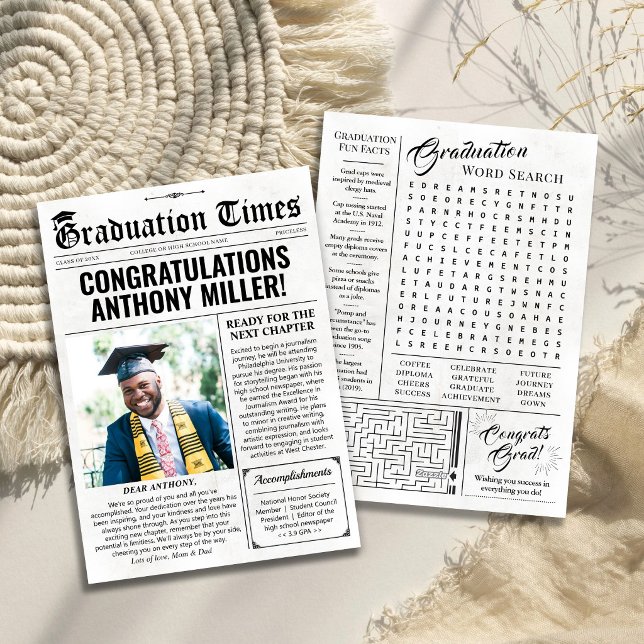 Cartão de Anúncio de Formatura Personalizado em Fo (Custom Graduation Newspaper, Graduation Announcement Card)