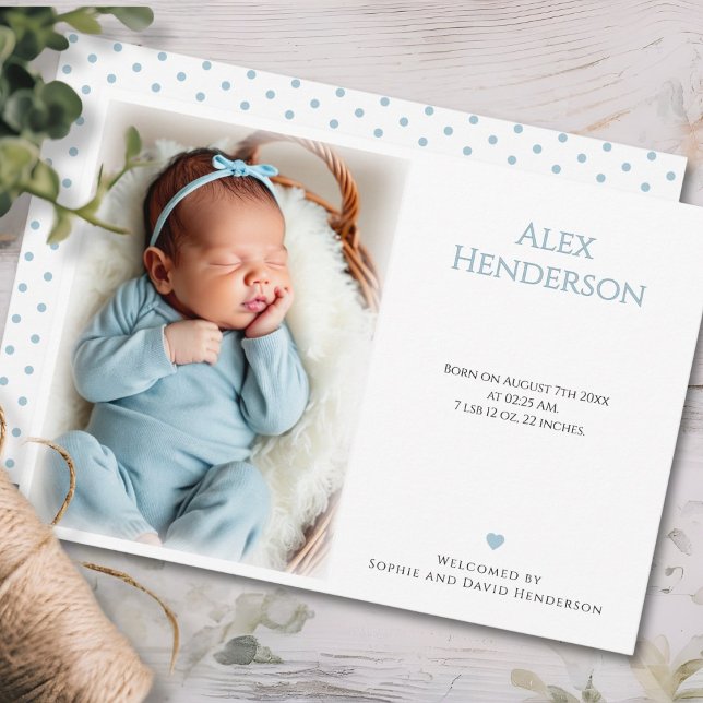 Cartão de Anúncio de Foto Pontilhado Azul (Blue dotted Photo Birth Announcement Card)