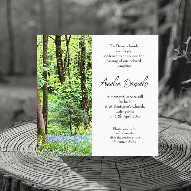 Cartão de Anúncio de Funeral Bluebell Wood (Elegant funeral announcement cards for a beautiful soul lost too soon.💕)