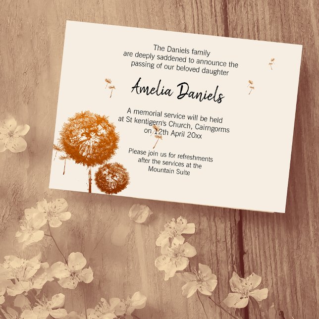 Cartão de Anúncio de Funeral de Dente-de-Leão Deli (Criador carregado)