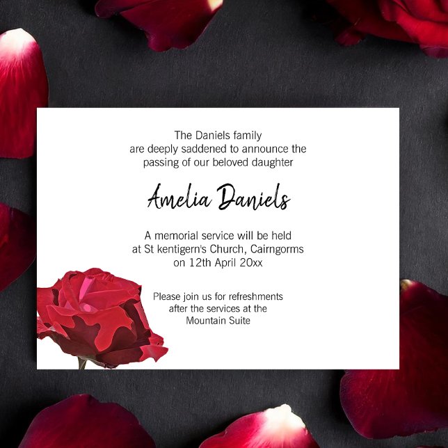 Cartão de Anúncio de Funeral Rosa Vermelha (Elegant funeral announcement cards with a single red rose.)