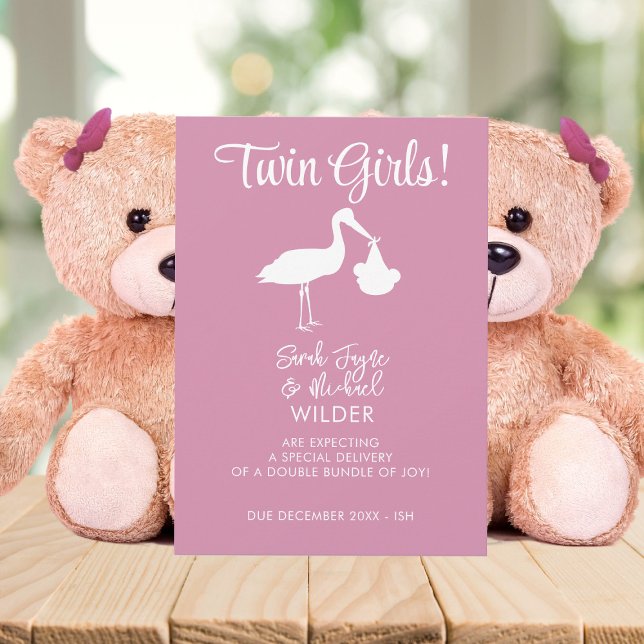 Cartão de Anúncio de Gravidez Rosa Gêmeas (Twin Girls! Share the wonderful and exciting news with this pink stork pregnancy announcement)