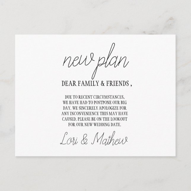 Cartão de Anúncio de Mudança de Data de Novo Plano (Frente)