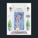 Cartão de Anúncio de Mudança do Jack Russell<br><div class="desc">Anuncie seu novo endereço com nosso anúncio elegante com um Jack Russell,  porta frontal azul,  tapete de boas-vindas,  placa de ardósia,  topiários e uma coroa floral sobre um fundo de tijolo cinza.</div>