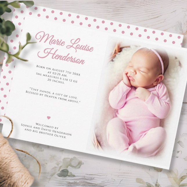 Cartão de Anúncio de Nascimento com Pontos Rosa Fo (Baby Girl Photo Pink Dots Birth Announcement Card)