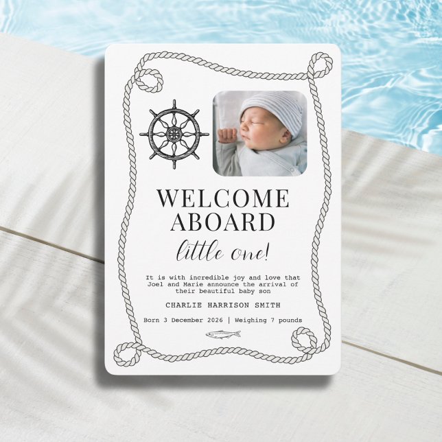 Cartão de Anúncio de Nascimento com Temas Náuticos (Nautical themed Baby Birth Announcement Card, newborn gender neutral design)
