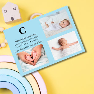 Cartão de Anúncio de Nascimento do Bebê Azul Monog