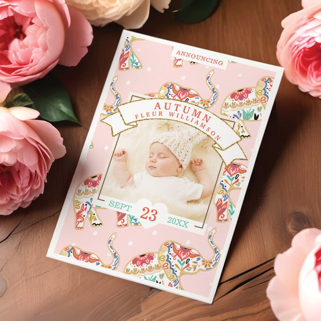Cartão de Anúncio de Nascimento - Elefante Decorat (Baby Birth Announcement Card - Decorative Elephant)