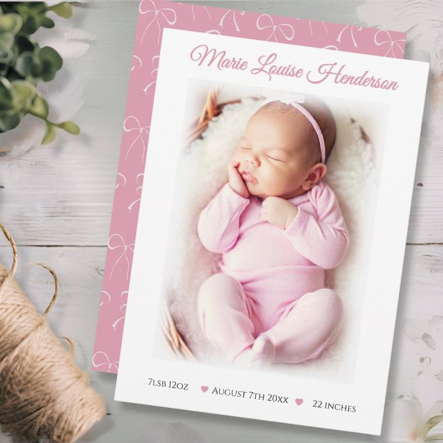 Cartão de Anúncio de Nascimento Menina Rosa com La (Baby Girl Pink White Bows Birth Announcement Card)