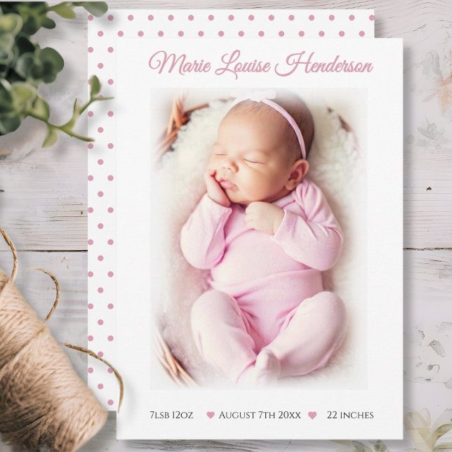 Cartão de Anúncio de Nascimento Pink Dotado (Baby Girl Pink Dotted Birth Announcement Card)
