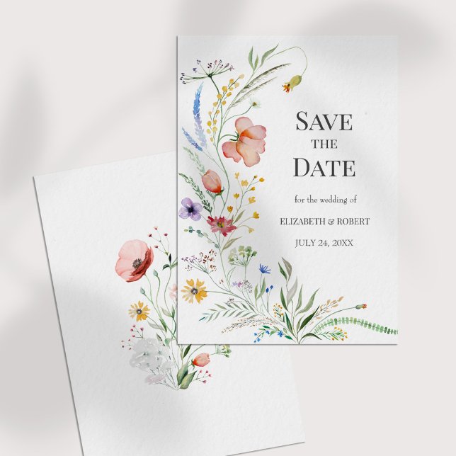 Cartão de Anúncio de Noivado com Flores Silvestres (Boho Watercolor Wildflowers Save The Date Card on a white table)