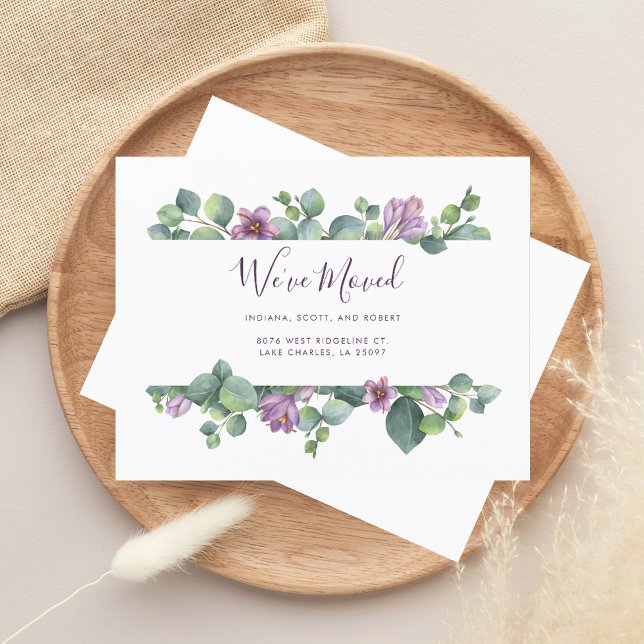 Cartão de Anúncio de Nova Residência Mudamos (We Moved Watercolor Sage Green and Purple Moving Announcement)