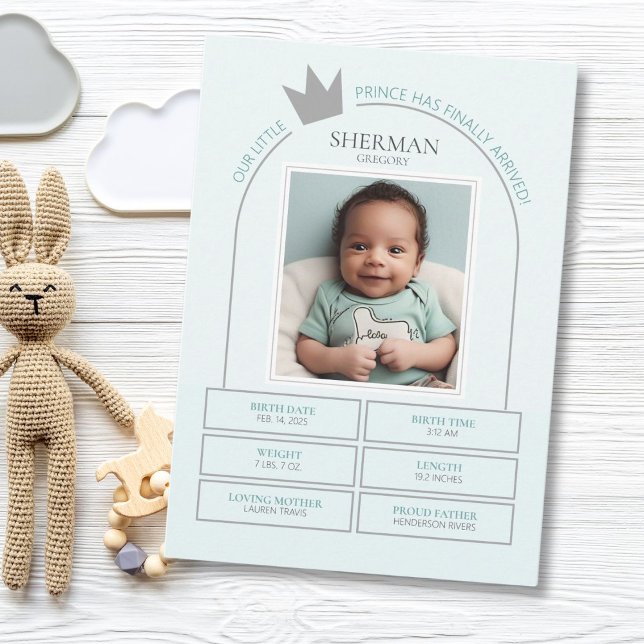 Cartão de Anúncio do Príncipe Birth (Modern Prince Birth announcement card for the minimalist.)