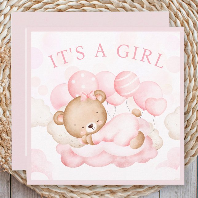 Cartão de Anúncio do Urso Rosa Bebê (Baby Girl Pink Bear Announcement Card)