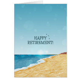 Cartão de aposentação feliz com praia, mar e céu a
