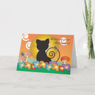Cartão de aposentadoria com gato preto assistindo