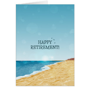 Cartão de aposentadoria feliz com praia, mar e céu