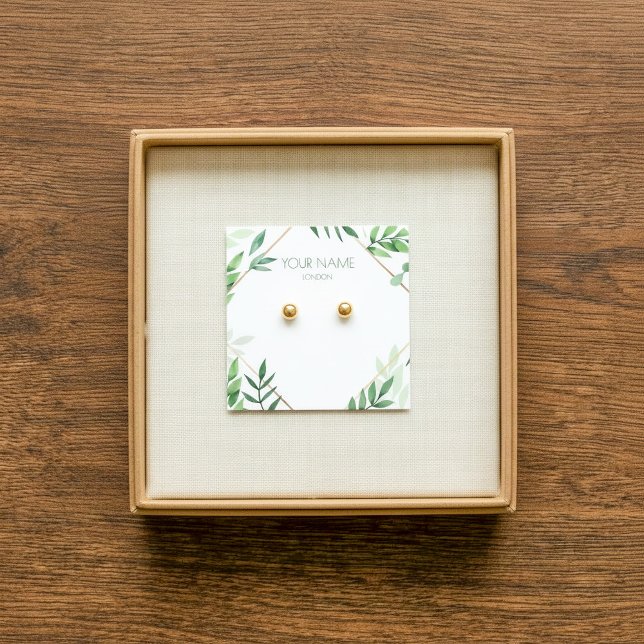Cartão de apresentação de bordo verde e dourado (Leafy green and copper border earring display card.)