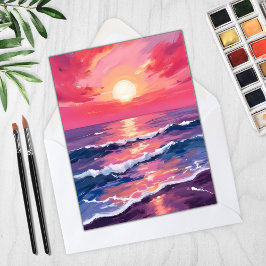 Cartão de Aquarela com Ondas do Oceano Roxo no Pôr