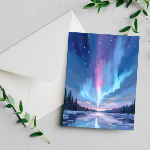 Cartão de Aquarela da Aurora Boreal Luzes do Norte