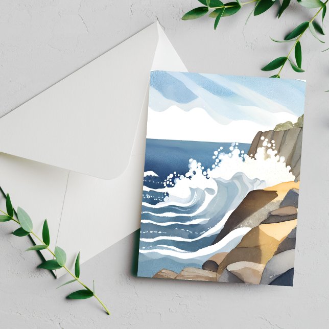 Cartão de Aquarela da Costa Rochosa com Ondas Bate (Criador carregado)