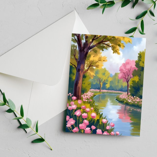 Cartão de aquarela de flores cor-de-rosa no jardim (Criador carregado)