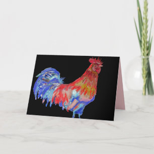 Cartão de Aquarela de Galo Vermelho e Azul Preto