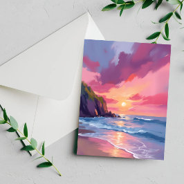 Cartão de Aquarela de Ondas da Praia do Oceano ao 