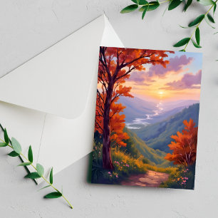 Cartão de Aquarela de Paisagem de Outono Folhagem