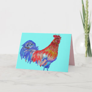 Cartão de Aquarela Galo Vermelho e Azul Aqua
