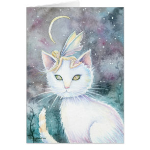 Cartão de Aquarela Gato Lua Prateada e Fada