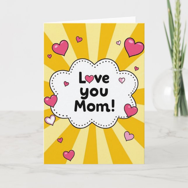 Cartão de Arte com Raios de Coração Amo Você Mamãe (Frente)