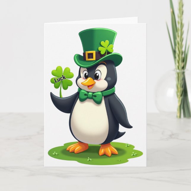 Cartão de Arte da Sorte do Shamrock do Pinguim (Frente)
